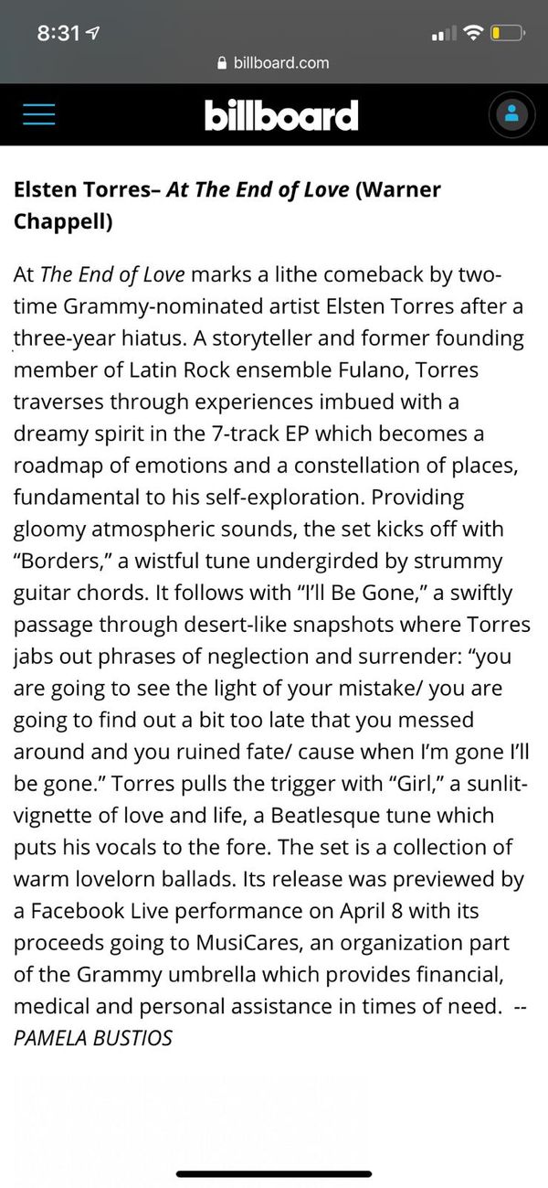 Billboard Magazine reviews the new album
"At the end of love" 