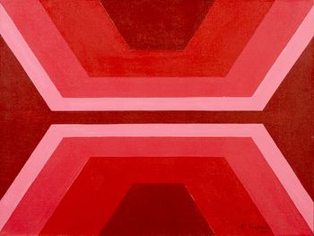 Red is Beautiful is the first painting he ever sold, inspired by the geometrical designs of the Ojibwa crafts and traditional designs.
