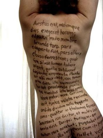 Reading a Naked Girl (that's one of Mina's favorite Latin poems on her back).Photo: Eric Parks
