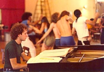 KN at piano, rehearsing with cast of HAIR (in background) ca. 1977.
