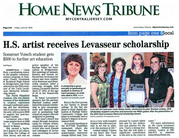 Sixteen artists and colleagues of Carol gathered together at a songs4peace benefit concert in Somerville on May 17, 2014 to create the third annual Carol Levasseur Memorial Scholarship Fund. An  Award of $500 was presented to Luisa Ruiz at her graduation ceremony on June 24, 2014 in Bridgewater. Luisa plans to use her award toward her post-secondary studies as she prepares for a career as a professional artist.
