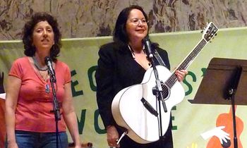 (l-r): Sharleen singing "Shenandoah" with native American artist Joanne Shenandoah at the Peoples Voice Cafe in New York City on April 9, 2011.
