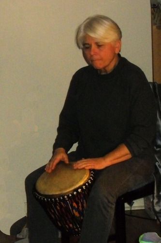 Linda Phillips played drums at the first Rumors of Peace house concert in Scotch Plains (a fundraiser for the human rights organization MADRE).
