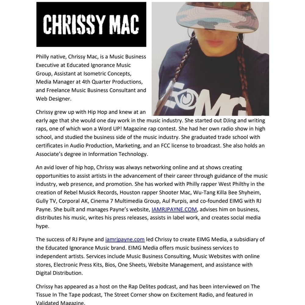 Chrissy Mac Portfolio, EIMG MEDIA, Press Materials, Music Business