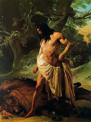 Samson and the Lion by Francesco Hayez depicts Samson with the lion's carcass; soon he will discover a beehive inside, which will enable him to formulate an unguessable riddle.
