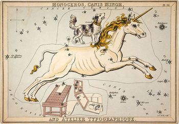 An etching by Sidney Hall showing several constellations, including Monoceros the Unicorn. This was an illustration in Jehosaphat Aspin's A Familiar Treatise on Astronomy..., from 1825. Library of Congress.
