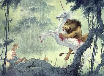 Charles Vess's illustration of the fight between the lion and the unicorn, from Stardust. © Charles Vess; all rights are reserved by Charles Vess.
