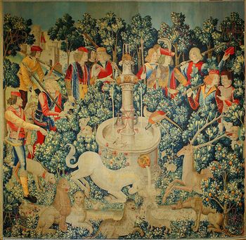 This tapestry, currently at the Cloisters Museum in New York, was woven in Belgium in about 1500. It shows the unicorn healing a poisoned stream with its horn, while other animals, as well as the encroaching hunting-party, look on.
