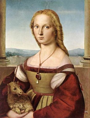 This painting by Raphael was done in about 1506. The small size of the unicorn is explained by the fact that Raphael apparently originally painted a lap-dog, and later replaced it by painting it over with a unicorn. Later still, a St. Catherine's Wheel was painted over the unicorn. The unicorn was revealed by restoration in the 1930s, and the underlying dog was discovered in the 1950s.
