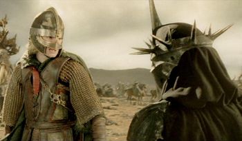 Eowyn confronts the Witch-King in the film Return of the King. Eowyn is the solution to a riddling prophecy that Tolkien based on one from Shakespeare's Macbeth.
