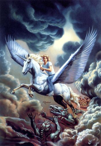 Cover art for L'Engle's A Swiftly Tilting Planet, showing Charles Wallace Murray riding the winged unicorn Gaudior. The painting is by Rowena Morrill.
