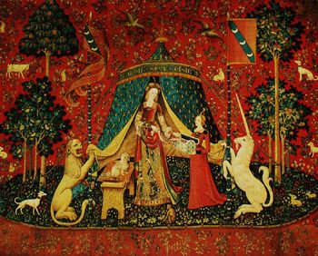 "À mon seul désir" is the sixth and last of a series of tapestries designed in France and woven in Flanders in the late 15th century. It has been interpreted as representing love or understanding; the other five in the series represent the five senses. Each of the six tapestries depicts a noble lady with the unicorn on her left and a lion on her right; some include a monkey as well.
