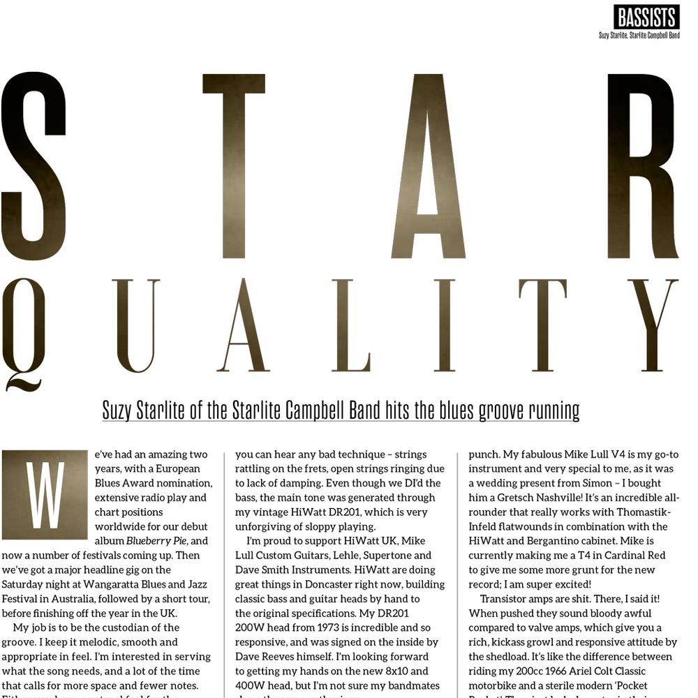 Suzy Starlite featured in Bass Guitar Magazine