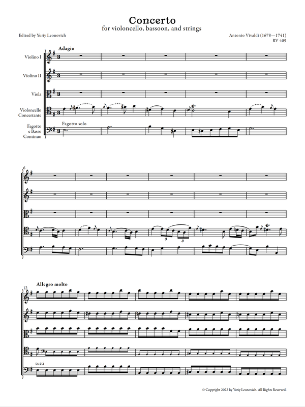Vivaldi - Cello Concerto in E minor, RV 409 (Urtext Edition)