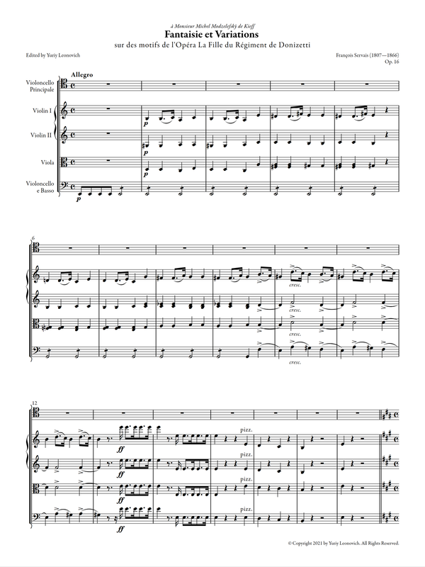 Servais - Fantaisie et Variations sur des motifs de l'Opéra la Fille du Régiment de Donizetti, Op. 16 (Urtext Edition, Quintet Version)