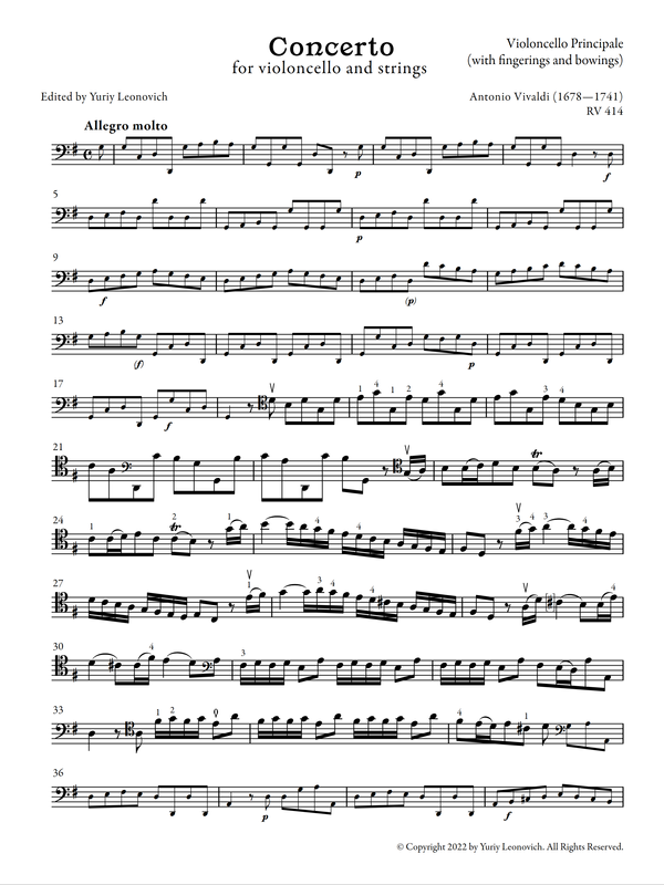 Vivaldi - Cello Concerto in G major, RV 414 (Urtext Edition, Piano)