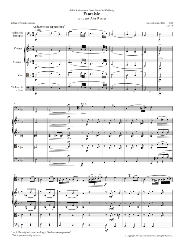 Servais - Fantaisie sur deux Airs Russes, Op. 13 (Urtext Edition, Quintet Version)