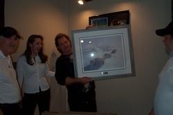 Dave & Bill present Mike & Carol Bush with a limited edition painting during Track Shack open house.
