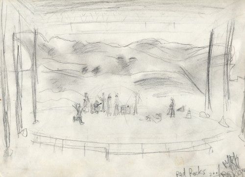 Pencil sketch of The Free Jam Society at Red Rocks, April 2004 by Mark Rodriguez
