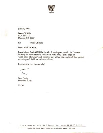Letter from Tom Serig (Head of TVT Records) circa 1993

