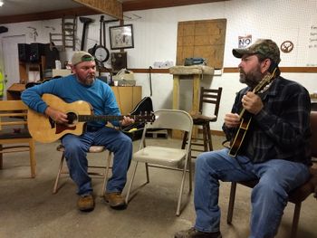 Trent and Steve work on guitar and mandolin parts for one of Steve's new songs the band will be recording.
