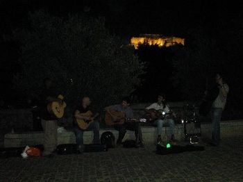 Busking at the foot of the Acropolis (that's it with the lights!)
