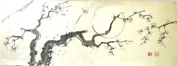 Moon and Plum Blossoms Sumi-e - Japanese style ink painting 1988
