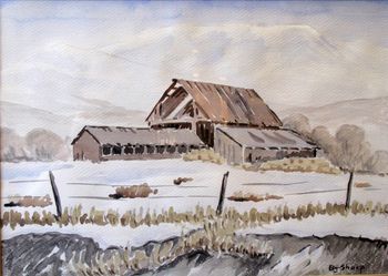 Utah Barn in Winter Watercolor by Byron J. Sharp
