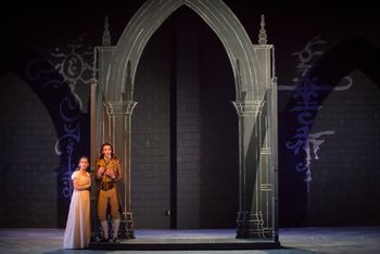 Christopher Cartmill's production of Goethe's Faust — Gretchen and Faust Goethe's FAUST directed by Christopher Cartmill, set design by Bo Ra Kwan, costumes by Sarah Zinn and lighting design by Catherine Cusick — pictured Gretchen (Magali Trench) and Faust (Graham Poore) photo by Matt Pilsner
