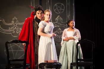 Christopher Cartmill's production of Goethe's Faust — Mephistopheles meets Gretchen Goethe's FAUST directed by Christopher Cartmill, set design by Bo Ra Kwan, costumes by Sarah Zinn and lighting design by Catherine Cusick — pictured Mephisto (Timothy Bright), Gretchen (Magali Trench) and Martha (Ashley Williams) photo by Matt Pilsner
