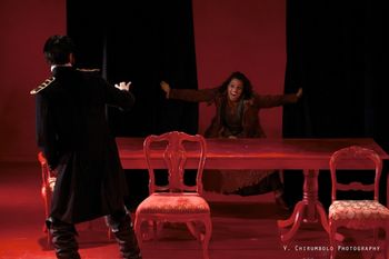 The Quartermaster and Orsolina in Christopher Cartmill's production of Goldoni's LA GUERRA Alejandro Cardozo and Ayana Workman
