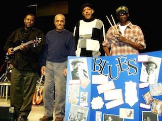 AntiochILHighScHarringtonsTaylors2009_1 Eddie Jr.(left) and Larry Taylor (right) join the Harrington bros. Joe and Vernon in a blues education assembly in Antioch, IL 2009
