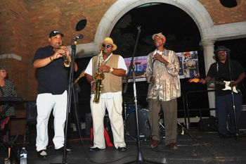 WSide Blues Fest Larry2HornsBonJoeBI169_SMALL Larry and the talented W Side horns: Ike Carothers, left and Hawk , at West Side Blues Fest 2016.  Joe B on guitar, right, and Barrelhouse Bonni on keys.
