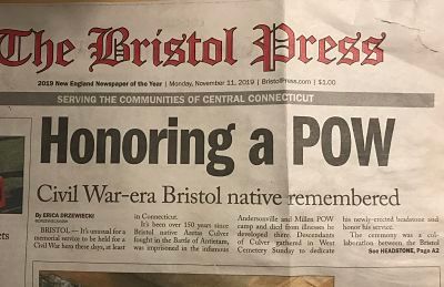 Bristol Press newspaper front page story with headline text, Honoring a POW