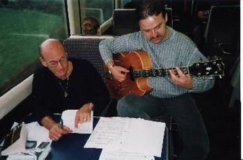 Dave Liebman shows Mike how he wants triple slash polychords played on the guitar - much to the bemu
