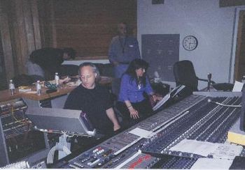 "Uh huh...Now what?"  L to R:  Evan Barker, Engineer James Farber, Ed Xiques & Anita, 3/25/03
