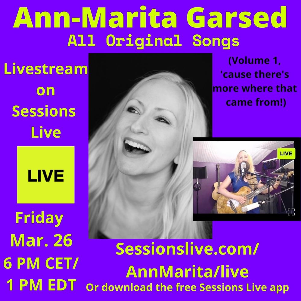 Friends! My regular Sessions Live listeners requested an All Original Songs show, and here it is! Friday March 26, 6 PM CET! https://sessionslive.com/AnnMarita/live or download the free app!
