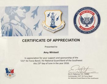 Certificate of Appreciation from the Air National Guard
