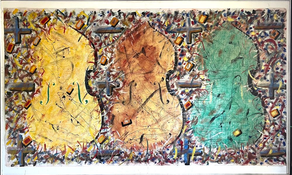 THREE BASS HIT  (Paper, Acrylics, Oil Pastels / 8’ 1½”w x 5’ ½”h) 1991