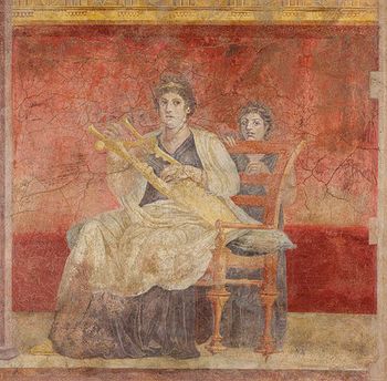 Seated Roman woman playing a kithara: From Room H of the Villa of P. Fannius Synistor at Boscoreale, c. 40–30 BCE
