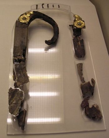 Remains of the 6th century Anglo Saxon Lyre found at Sutton Hoo in England. now preserevd in the British Museum.
