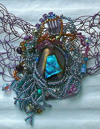 CROCHETED NECKLACE w Beaded Dichroic Focal Point
