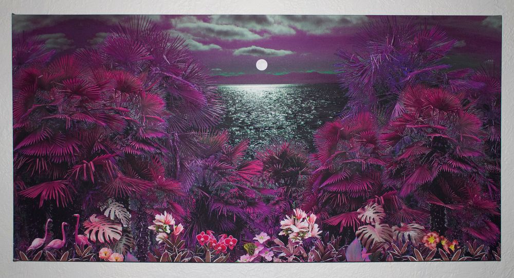 First of a series, Violet Velvet is printed on hemp/cotton fabric, and stretched over a wooden frame four feet wide by two feet high. I like! For sale, $150 or $200 your choice.