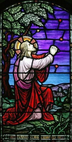 STAINED GLASS OF JESUS PRAYING IN THE GARDEN OF GETHESMANE
