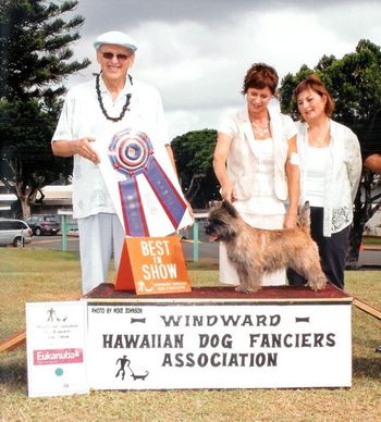 Suzee Bidegain, breeder/owner, handles Cash to a second BIS win. Suzee was here for a brief Hawaiian vacation after many years of wanting to visit Paul and I, we were so glad she could finally visit and throw in a fantastic win to boot! Judge Mr. Berg, Mahalo!
