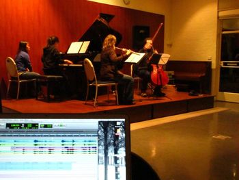 A rehearsal of my work 'Varo Sketches' for laptop, piano, cello, and flute
