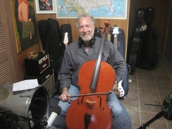 Dan Cassin on cello in the studio at Boonlight Productions
