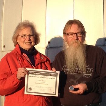 april_2017aaa John received a 2017 NASA NIght Sky Network pin and certificate as the MOST ACTIVE MEMBER from founder Irene Baron
