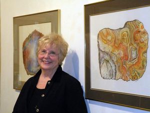 IRENE-BARON-AT-GALLERY-EXHIBITION=WITH-TWO=BANDED-AGATE-PAINTINGS