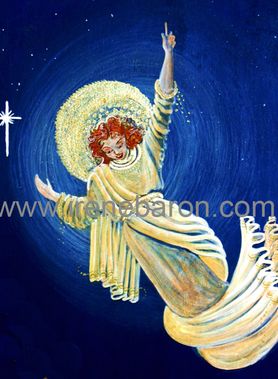 Christmas-angel-pointing-upward-on-blue-background